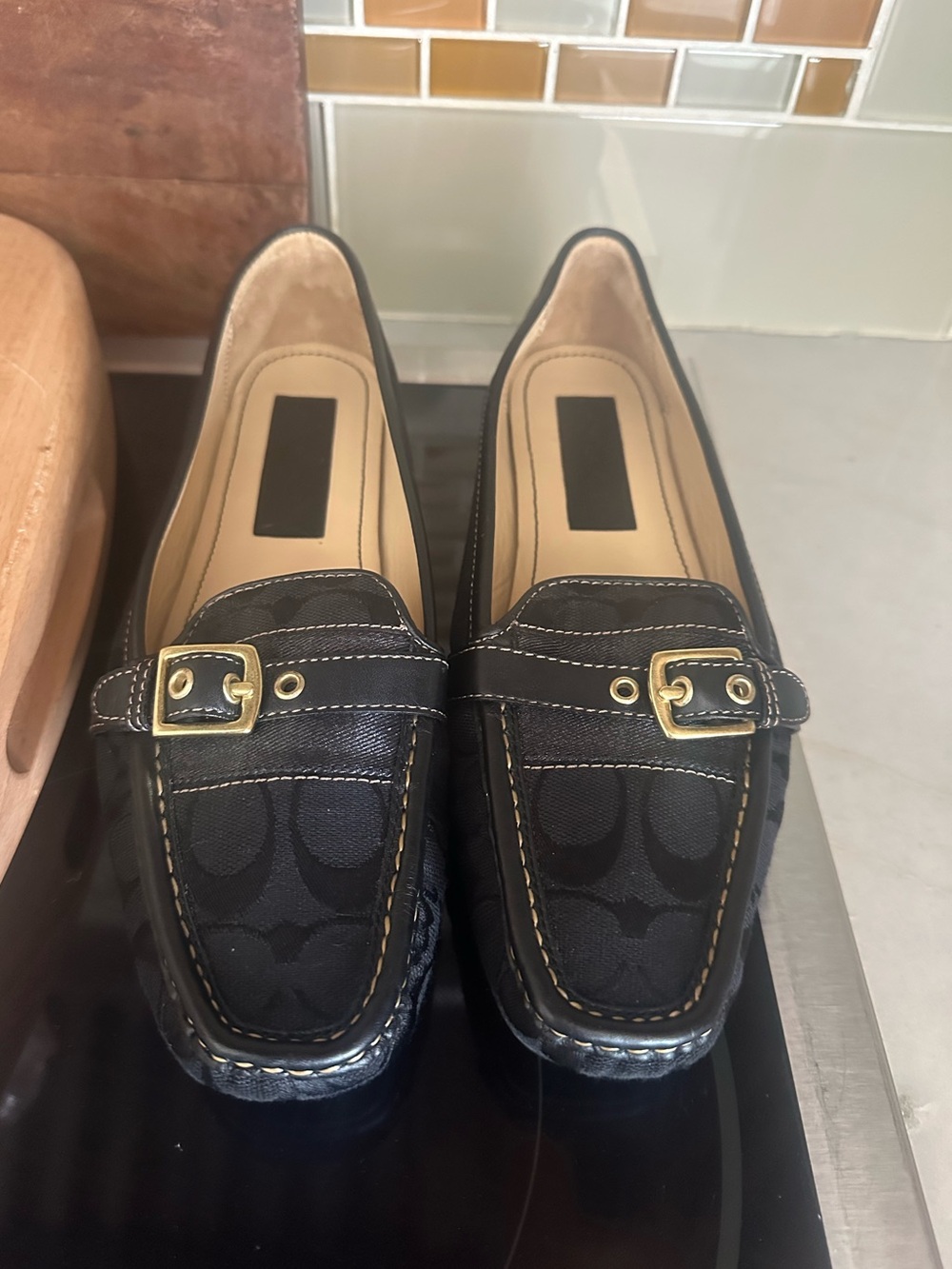 Coach Suzie Black Signature Canvas Loafers with Gold Buckle Size 10 M - Picture 2 of 9